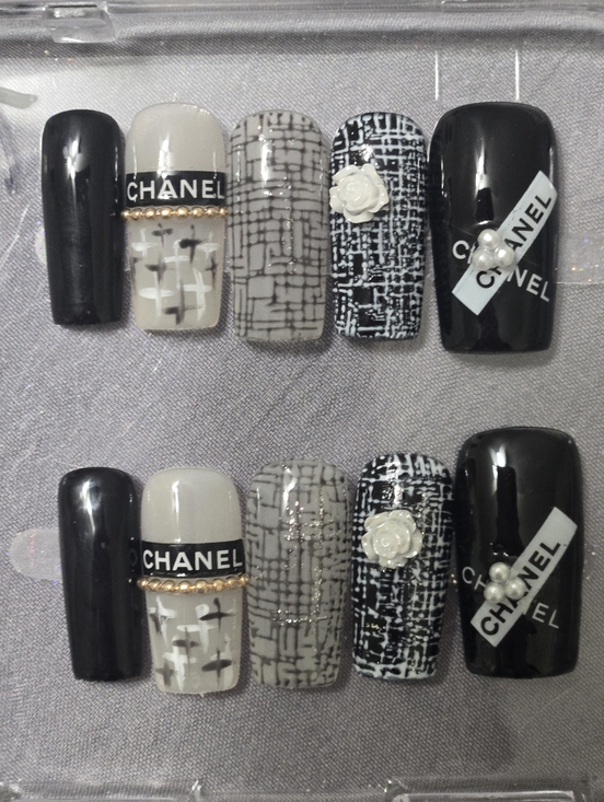 Handmade Other - Luxery Logo Inspired Black & White Tweed Nail Set with Pearls